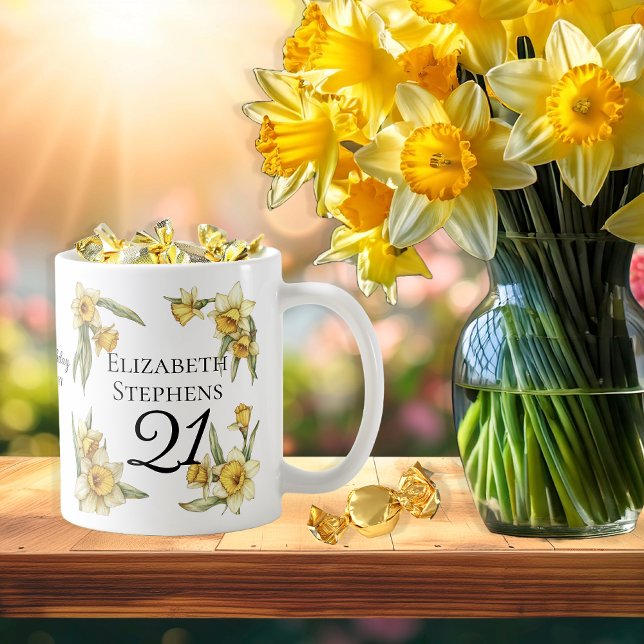 Elegant Gult Daffodils Blommigt 21:a födelsedagen Kaffemugg (Elegant Yellow Daffodils Floral "21" 21st Birthday Keepsake Coffee Mug)