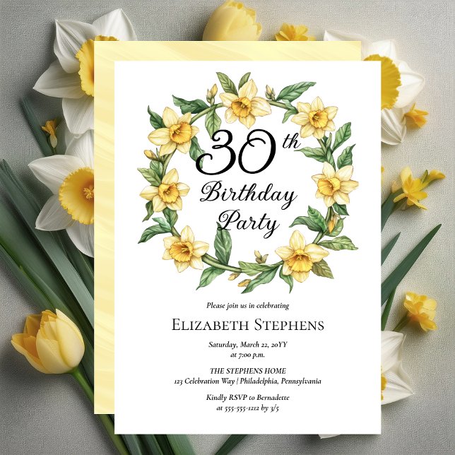 Elegant Gult Daffodils Blommigt 30års födelsedag Inbjudningar (Elegant Yellow Daffodils Floral 30th Birthday Party Invitation -- Print | Download)
