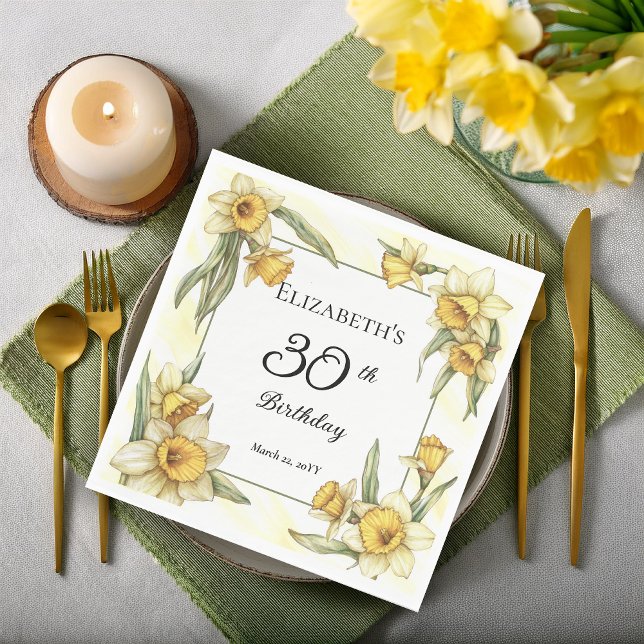 Elegant Gult Daffodils Blommigt 30års födelsedag Pappersservett (Elegant Yellow Daffodils Floral 30th Birthday Party Napkins)