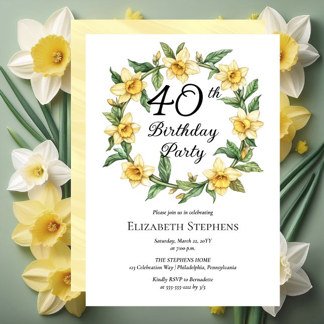 Elegant Gult Daffodils Blommigt 40 födelsedagar Inbjudningar (Elegant Yellow Daffodils Floral 40th Birthday Party Invitation -- Print | Download)