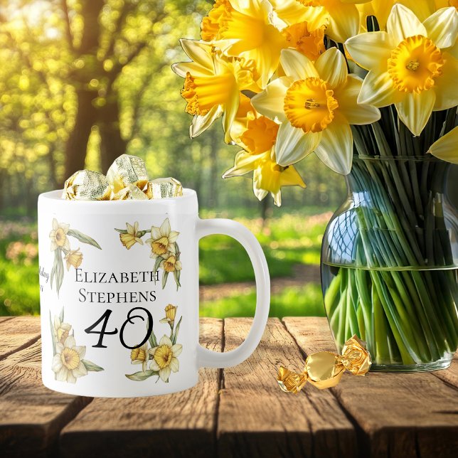 Elegant Gult Daffodils Blommigt 40 födelsedagar Kaffemugg (Elegant Yellow Daffodils Floral "40" 40th Birthday Keepsake Coffee Mug)