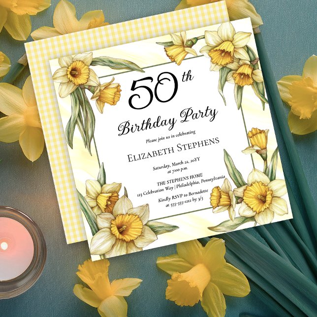 Elegant Gult Daffodils Blommigt 50:e födelsedagen Inbjudningar (Elegant Yellow Daffodils Floral 50th Birthday Party Invitation -- Print | Download)