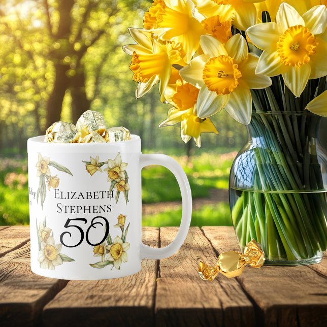 Elegant Gult Daffodils Blommigt 50:e födelsedagen Kaffemugg (Elegant Yellow Daffodils Floral "50" 50th Birthday Keepsake Coffee Mug)