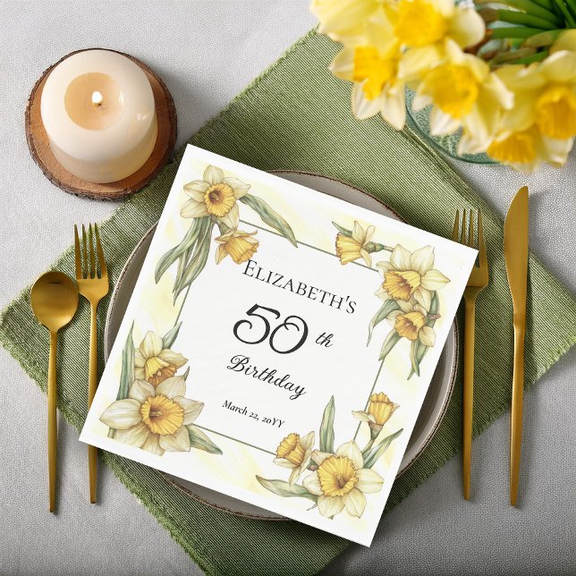 Elegant Gult Daffodils Blommigt 50:e födelsedagen Pappersservett (Elegant Yellow Daffodils Floral 50th Birthday Party Napkins)