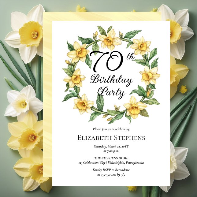 Elegant Gult Daffodils Blommigt 70:e födelsedagen Inbjudningar (Elegant Yellow Daffodils Floral 70th Birthday Party Invitation -- Print | Download)