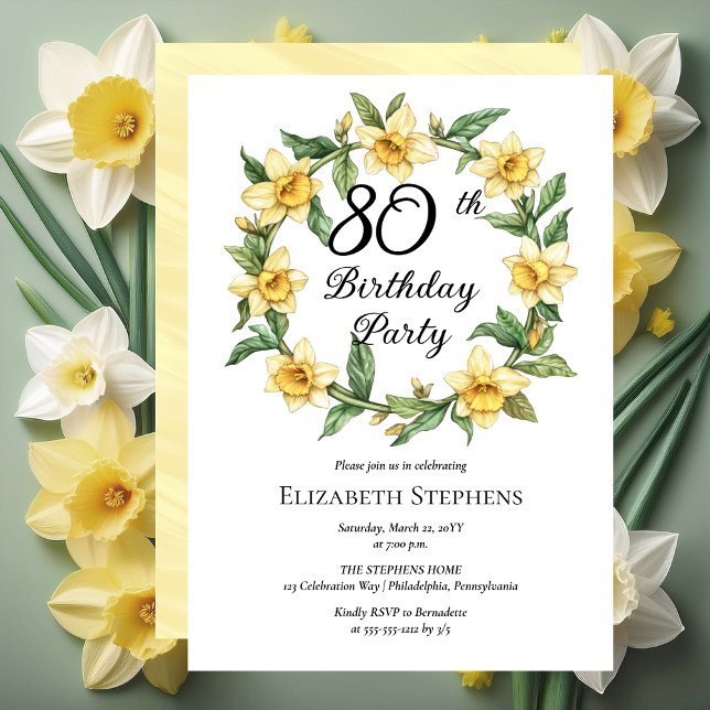 Elegant Gult Daffodils Blommigt 80 födelsedagar Inbjudningar (Elegant Yellow Daffodils Floral 80th Birthday Party Invitation -- Print | Download)