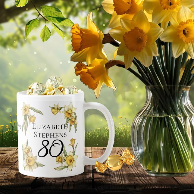Elegant Gult Daffodils Blommigt 80 födelsedagar Kaffemugg (Elegant Yellow Daffodils Floral "80" 80th Birthday Keepsake Coffee Mug)