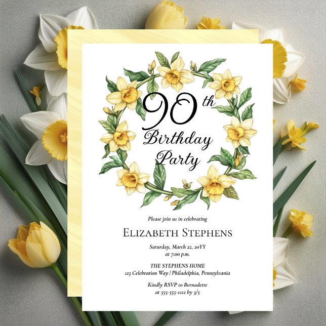 Elegant Gult Daffodils Blommigt 90:e födelsedag Inbjudningar (Elegant Yellow Daffodils Floral 90th Birthday Party Invitation -- Print | Download)