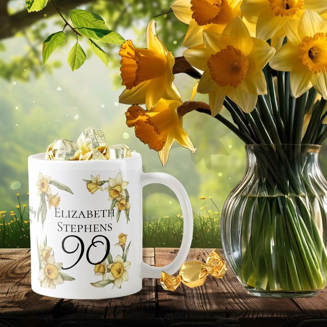 Elegant Gult Daffodils Blommigt 90:e födelsedag Kaffemugg (Elegant Yellow Daffodils Floral "90" 90th Birthday Keepsake Coffee Mug)