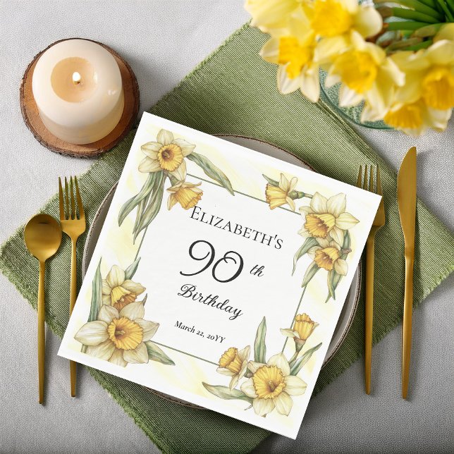 Elegant Gult Daffodils Blommigt 90:e födelsedag Pappersservett (Elegant Yellow Daffodils Floral 90th Birthday Party Napkins)