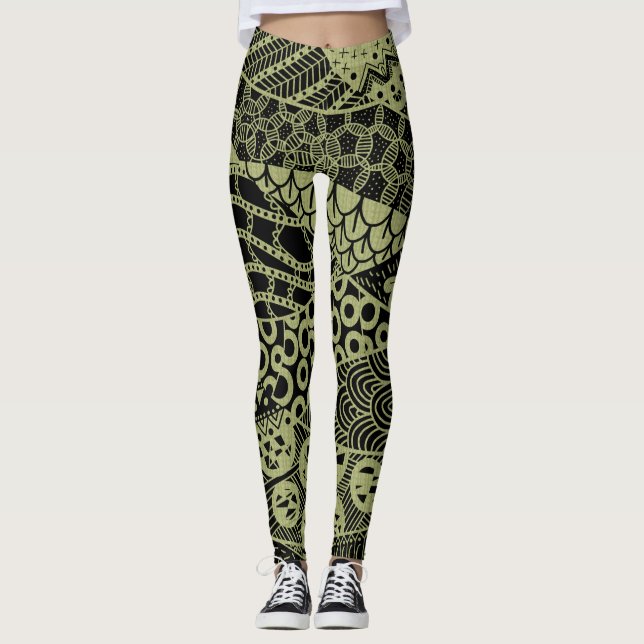 Elegant Gult Geometric Abstrakt Tribal Mönster Leggings (Framsida)
