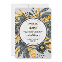 Elegant Gult & Grått Blommigt Modern skript Bröllo