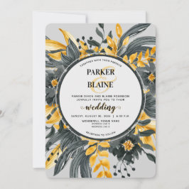 Elegant Gult & Grått Blommigt Modern skript Bröllo Inbjudningar