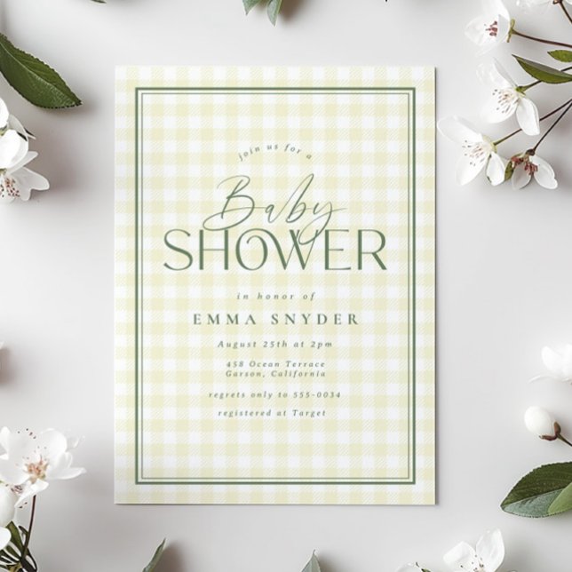 Elegant Gult Grönt Gingham Baby Shower Inbjudningar (Skapare uppladdad)