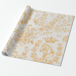 Elegant Gult Guld Beige Equestrian Blommigt Toile Presentpapper