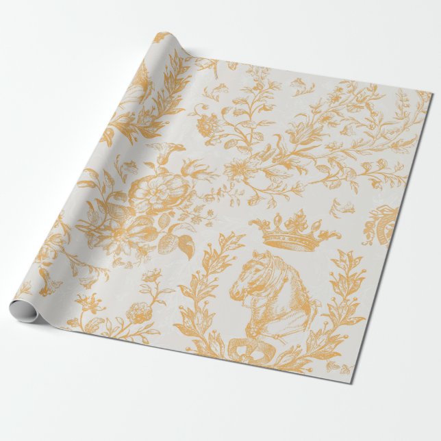 Elegant Gult Guld Beige Equestrian Blommigt Toile Presentpapper (Utrullad)