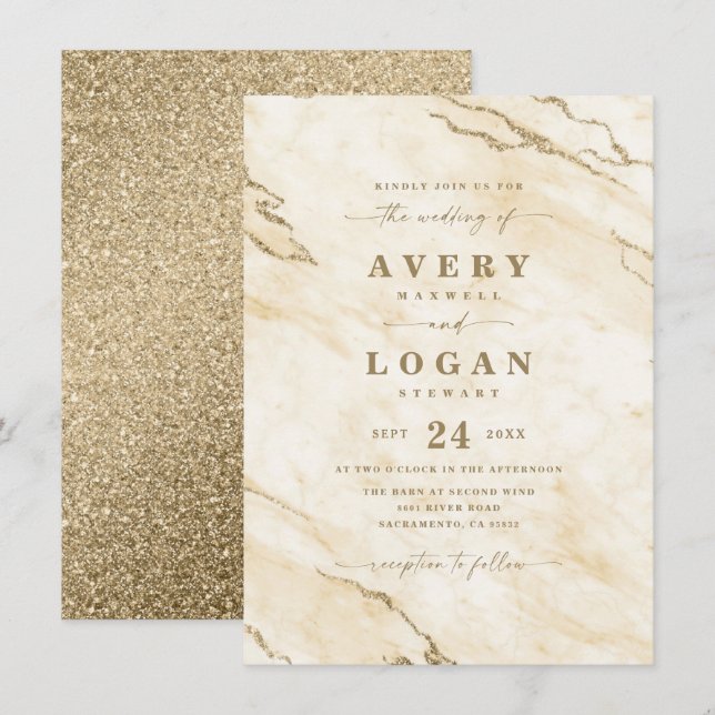 Elegant Gult & Guld Marble & Glitter Bröllop Inbjudningar (Fram/baksida)