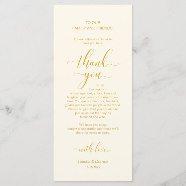 Elegant Gult Guld, Ställe-inställning tackkort Program (Framsida)