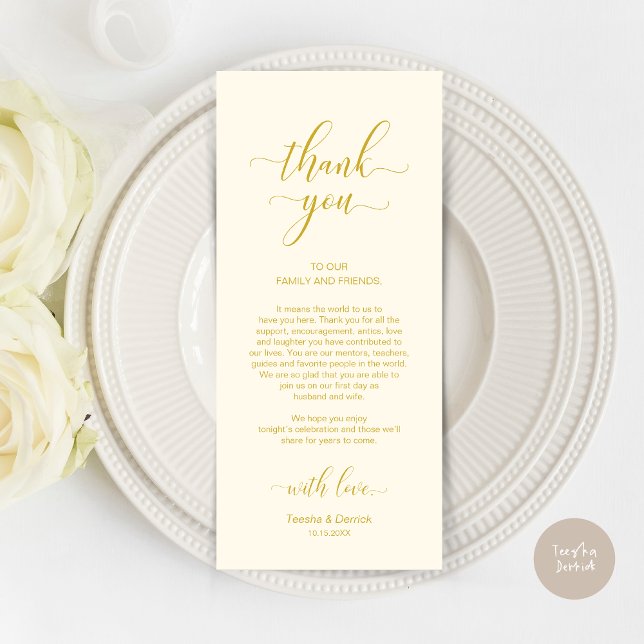 Elegant Gult Guld, Ställe-inställning tackkort Program (Wedding Dinner Place Setting Thank You Card, Modern Classy Design, Yellow Gold)