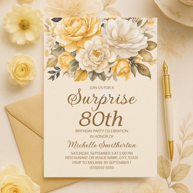 Elegant Gult Ivory Cream Blommigt Surprise 80 Inbjudningar (Yellow and cream floral 80th birthday invitation)