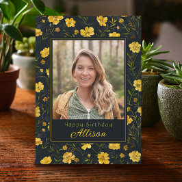 Elegant-Gult-knapp Flower Photo Birthday Kort