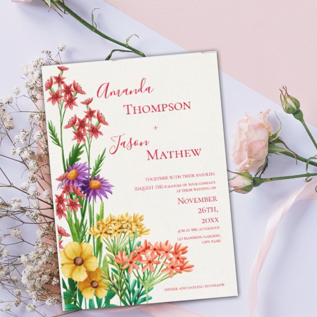 Elegant Gult Lila Orange Wildblommor Bröllop Magnetisk Inbjudningskort (Elegant Yellow Purple Orange Wildflowers Wedding Magnetic Invitation)