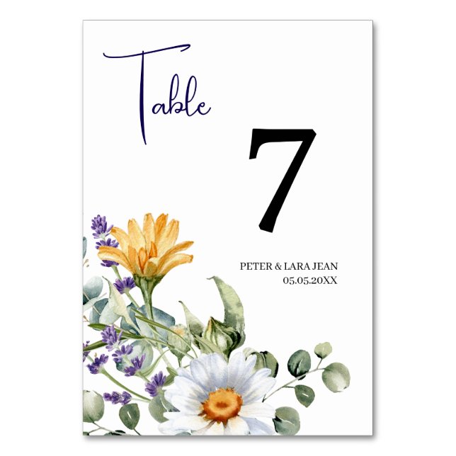 Elegant Gult Lila Wildblomma Bröllop Bordsnummer (Framsidan)