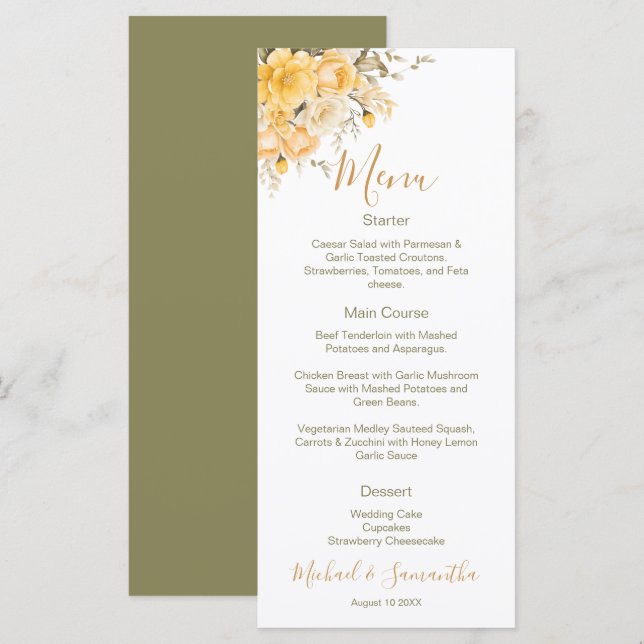 Elegant Gult och Elfenbenskusten Ro Bröllop Meny (Fram/baksida)