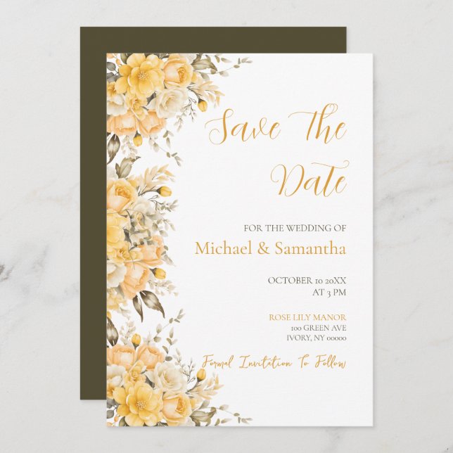 Elegant Gult och Elfenbenskusten Ro Bröllop Spara Datumet (Fram/baksida)