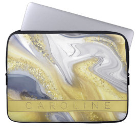 Elegant Gult och Grått Guld Marble Effect Namn Laptop Fodral