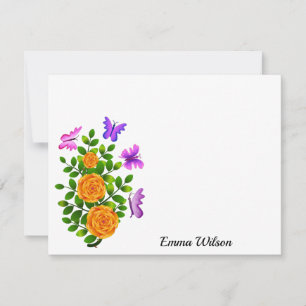 Elegant Gult Orange Ro blomma med fjäril Anteckningskort