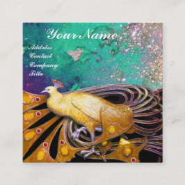 ELEGANT GULT PEACOCK AND GRÖNT BLOMMIGT LÖV FYRKANTIGT VISITKORT