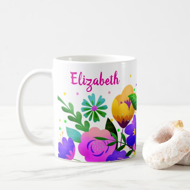 ELEGANT GULT ROSA & LILA BLOMMOR KAFFEMUGG (Med munk)