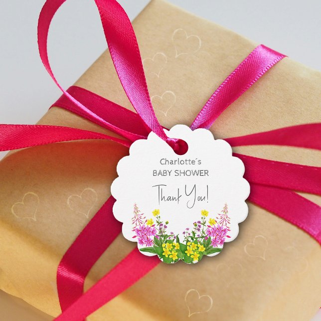 Elegant Gult Rosa Wildblomskript Baby Shower Gåvor Etiketter (Elegant Yellow Pink Wildflower Script Baby Shower Favor Tags ©Susanne Sachers - Sunny Mind Design 🌞)