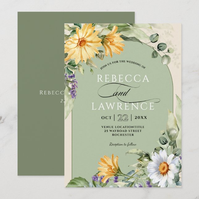 Elegant gult Sage blommigt bröllopsinbjudan Inbjudningar (Fram/baksida)