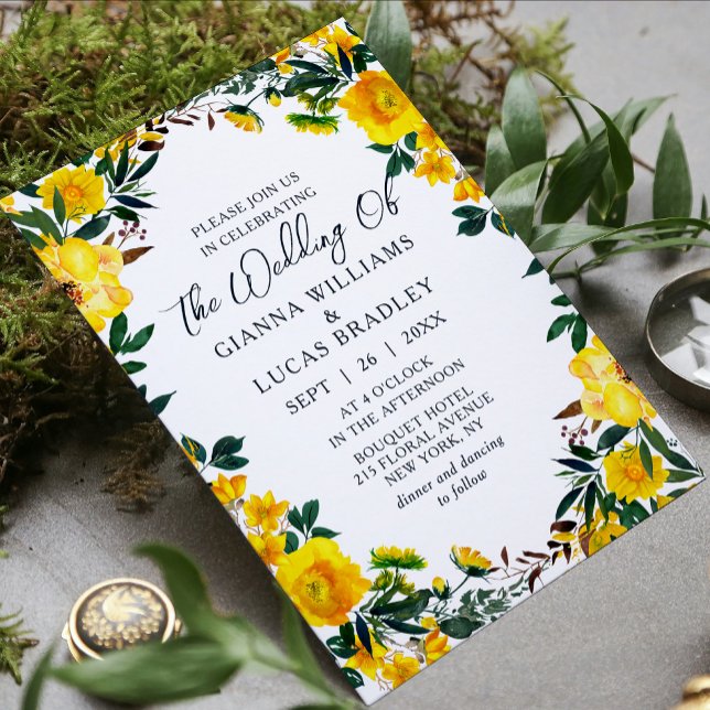 Elegant Gult Vattenfärg Botaniska Blommigten Bröll Inbjudningar (Skapare uppladdad)