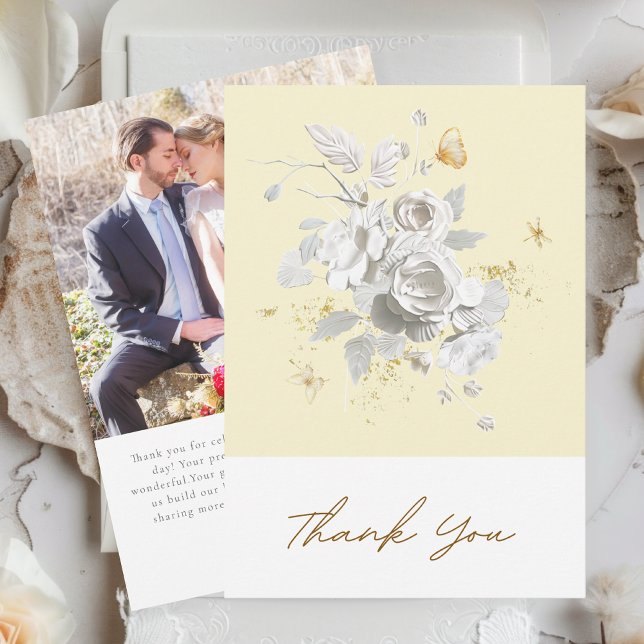 Elegant Gult White Blommigt Photo Bröllop Tack Kort (Skapare uppladdad)