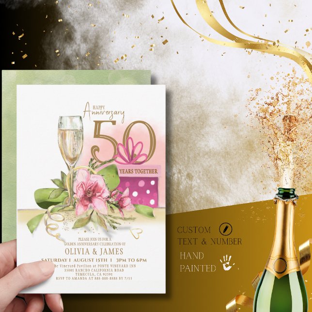 Elegant gyllene 50-års bröllopsjubileum Champagne  Inbjudningar (Elegant Golden 50th Wedding Anniversary Champagne Invitation)