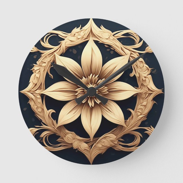 Elegant gyllene blommadesign rund klocka (Framsida)