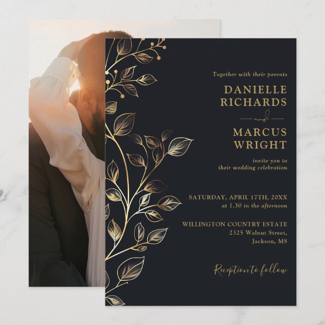 Elegant gyllene blomsterfoto bröllop inbjudningar (Fram/baksida)