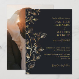 Elegant gyllene blomsterfoto bröllop inbjudningar