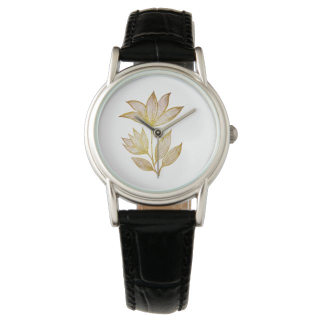 Elegant gyllene blomsterläder armbandsur (Framsida)