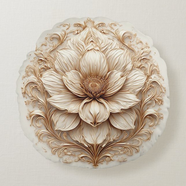 Elegant gyllene blomsterornament rund kudde (Framsidan)