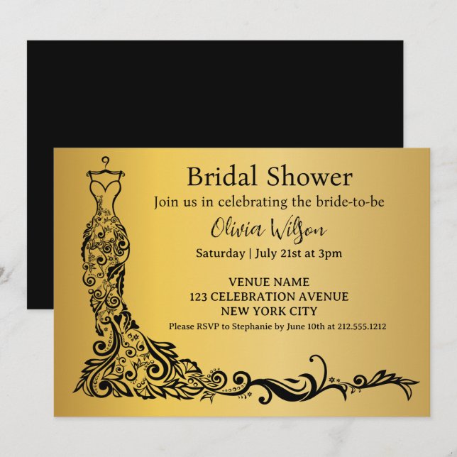 Elegant gyllene boho blomsterklänning bröllopsdusc inbjudningar (Fram/baksida)