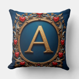 Elegant gyllene bokstav A omgiven av hjärtan Kudde