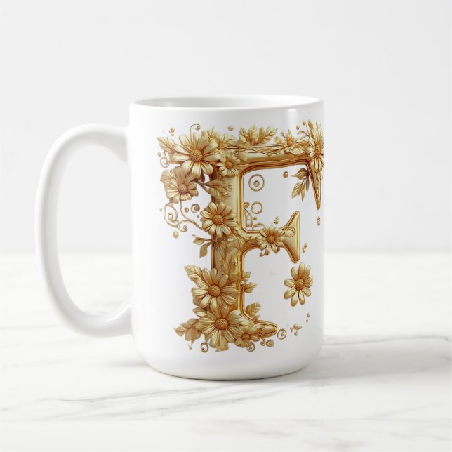Elegant gyllene bokstav F med blomsterdekorationer Kaffemugg (Vänster)