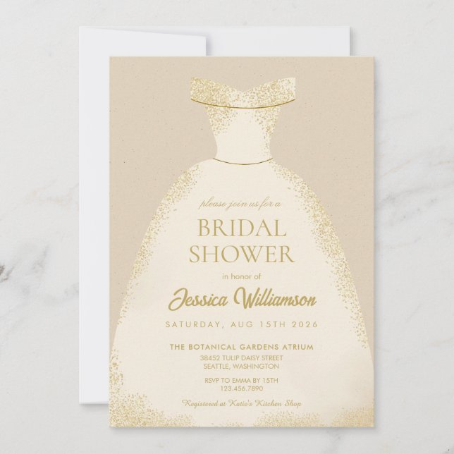 Elegant gyllene bröllopskjol dress bröllopsdusch inbjudningar (Framsida)