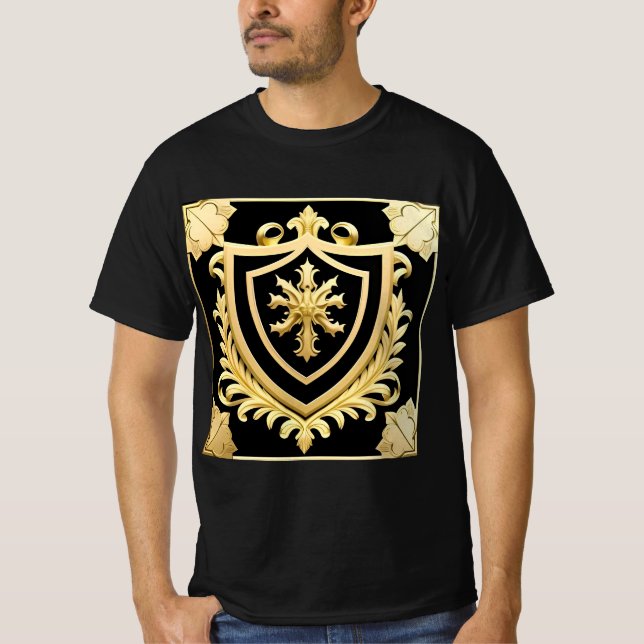Elegant gyllene emblem med utsmyckad sköld t shirt (Framsida)
