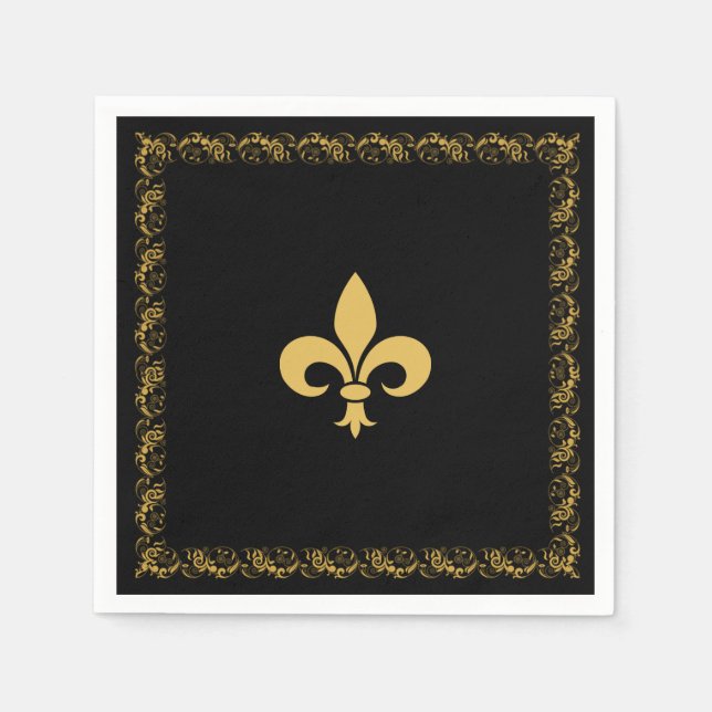 Elegant gyllene Fleur-de-Lis på svart Pappersservett (Framsidan)