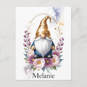 Elegant gyllene gnom i blomsterbukett vykort
